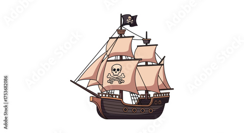 Cartoon Pirate Ship with Skull and Crossbones Sails and Jolly Roger Flag.
