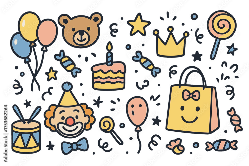 Naklejka premium Kids Party Doodles. Kids party doodle icon set: hand drawn icons of balloons, toys, cake, crown, star, balloon, candy, clown, and