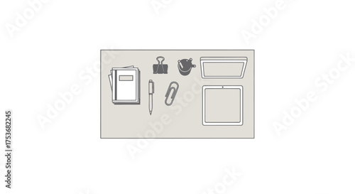 Minimalist Office Desk Flat Lay with Stationery and Tech Items.