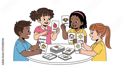 A diverse group of four happy cartoon children playing an educational picture card game together around a white table.