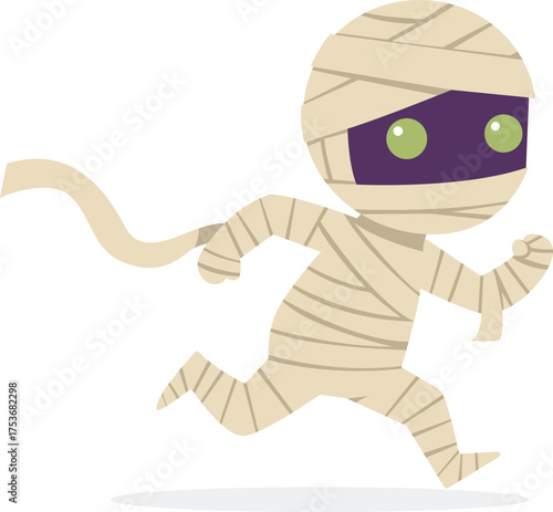 Cartoon mummy running with bandages trailing behind, depicted in a simple, flat vector style against a white background.