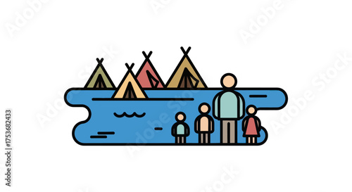 Family camping by a serene lake with teepee tents.