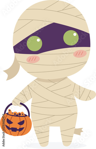 Cute cartoon mummy character holding a pumpkin bucket filled with treats, isolated on a white background.