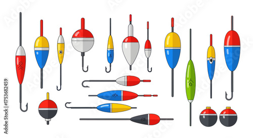 Assorted Colorful Fishing Bobbers with Various Shapes and Designs.
