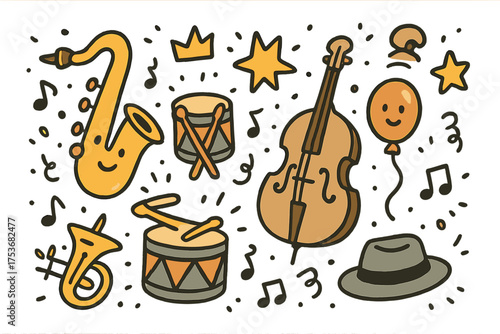 Jazz Concert Icons. Jazz concert doodle icon set: hand drawn icons of saxophone with smile, double bass, drum, crown, star,
