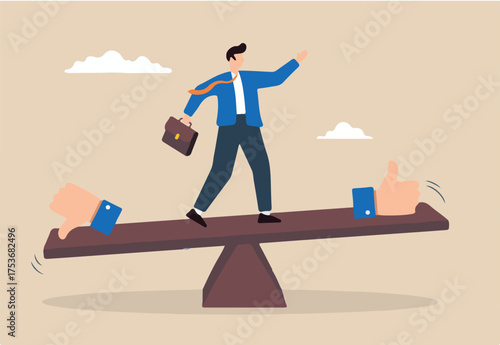Flat illustration of businessman balances on seesaw with thumb up and down evaluating merit demerit advantage disadvantage in comparison performance