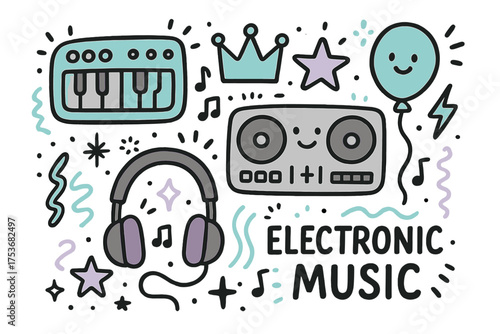 Electronic Music Icons. Electronic music doodle icon set: hand drawn icons of synthesizer, DJ console with smile, crown, star,