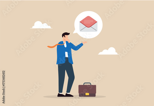 Flat illustration businessman candidate think about accepting job offer in email envelope symbolizing recruitment human resource