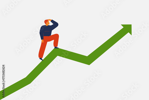 leader looks forward while standing on a green growing graph. Economic growth forecast, business vision to investment, increase profit, earning improvement concept. vector illustration