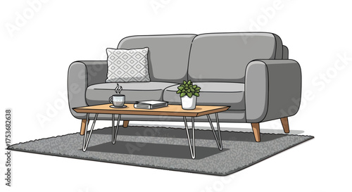 Modern Gray Sofa with Coffee Table and Plant on Rug.