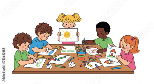 Children Drawing Together at a Table Displaying Artwork in a Classroom Setting.