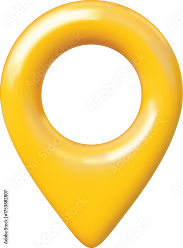 Yellow geotag 3d vector icon, realistic map pin, front view, travel app navigation GPS location mark, map pointer sign