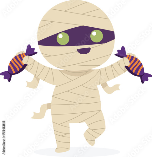 A cartoon mummy character with green eyes and a purple mask holds two pieces of candy, smiling happily.