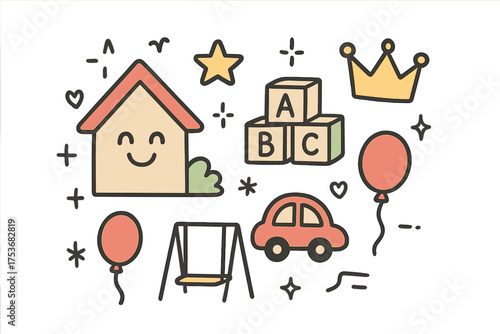 Playhouse Doodle Icons. Playhouse doodle icon set: hand drawn icons of playhouse with smile, blocks, crown, star, balloon, toy car