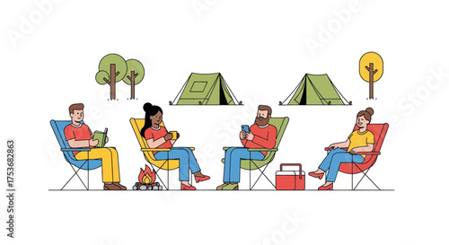 A diverse group of friends relaxing in camping chairs around a small campfire with tents.