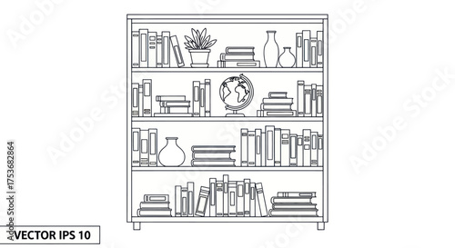 Detailed Line Art Illustration of a Bookshelf Filled with Books and Decorative Items.