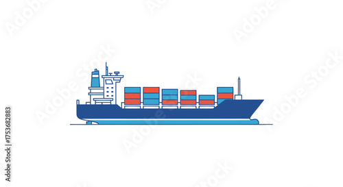 Large blue cargo ship carrying colorful shipping containers across the sea.