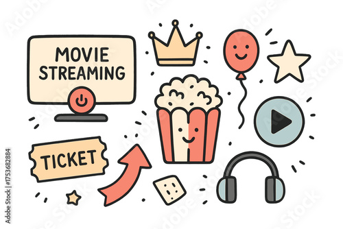 Movie Night Doodles. Movie streaming doodle icon set: hand drawn icons of TV screen, popcorn with smile, crown, star, balloon,