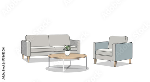Minimalist Gray Sofa Armchair and Round Wooden Coffee Table with Plant Illustration.