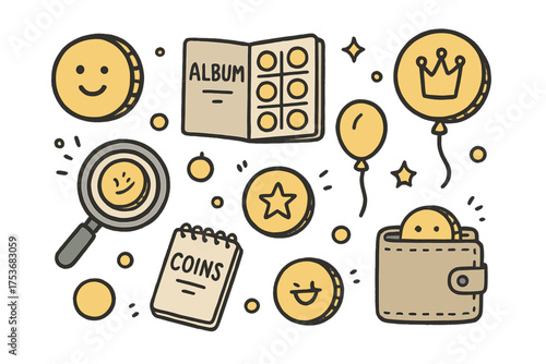Coin Collecting Icons. Coin collecting doodle icon set: hand drawn icons of coins with smile, album, crown, star, balloon,