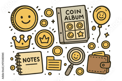 Coin Collecting Icons. Coin collecting doodle icon set: hand drawn icons of coins with smile, album, crown, star, balloon,
