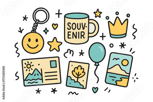 Souvenir Doodle Icons. Souvenir collecting doodle icon set: hand drawn icons of keychain with smile, mug, crown, star, balloon,