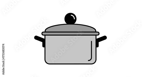 Simple illustration of a silver cooking pot with a black lid and handles.