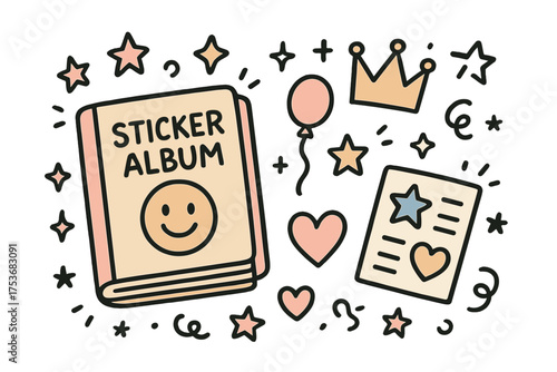 Cute Sticker Icons. Sticker collecting doodle icon set: hand drawn icons of sticker album with smile, stars, crown, star, balloon,