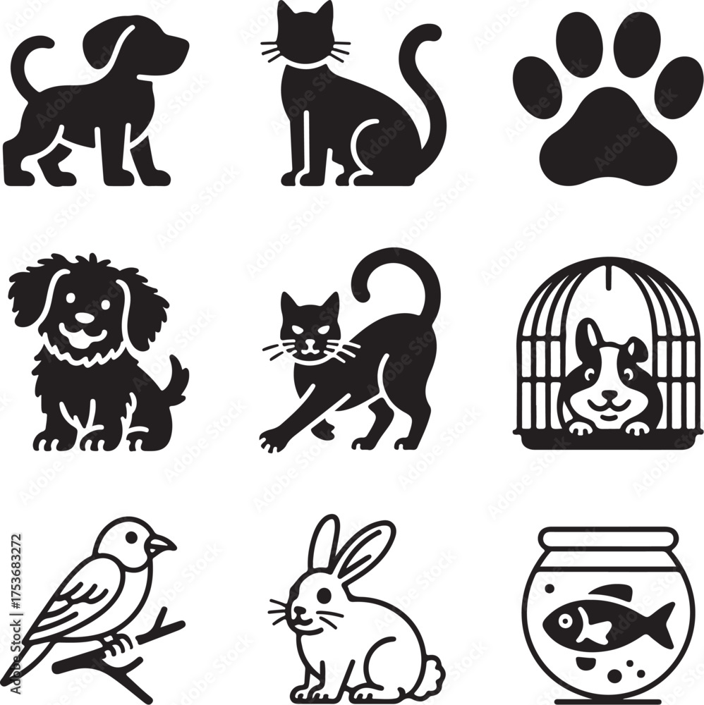 Obraz premium Set of nine detailed pet adoption icons with transparent background animal icon dog icon