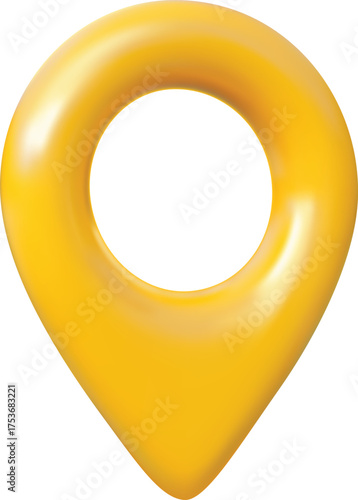 3D map pin, yellow, front view, geolocation, location, navigation coordinates.
