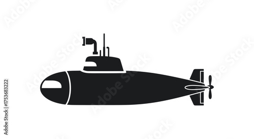 Silhouette of a sleek modern submarine with a prominent conning tower and propeller.