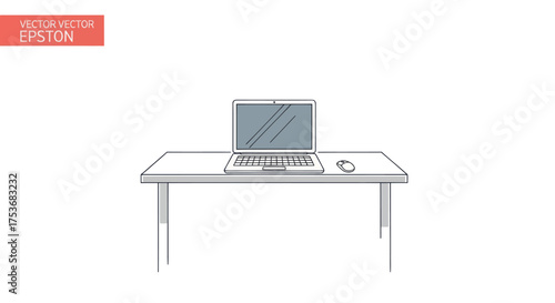 Simple Line Drawing of Laptop Computer on Desk.