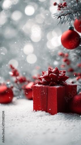 Festive Red Gift Box With a Bow Under a Decorated Christmas Tree in a Snowy E...