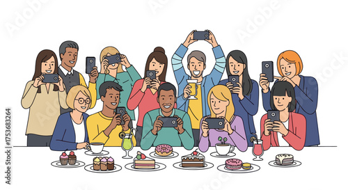 A diverse group of people at a table ignoring food and each other engrossed in their smartphones and gadgets.