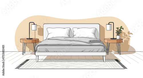 Hand-drawn Bedroom Interior with Bed Lamps and Rug.