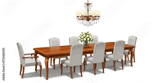 Classic wooden dining room set with eight upholstered chairs and an ornate crystal chandelier.