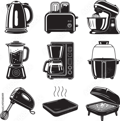 Detailed electric kitchen appliance icons on transparent background kitchen equipment cooking device
