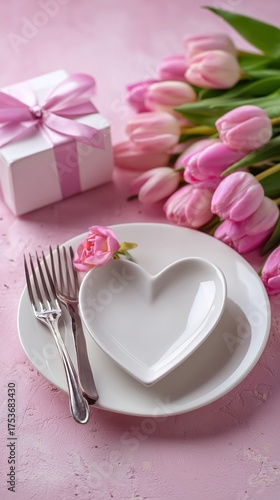 Heart-shaped Plate Set on a Pink Table With Flowers and Gift for a Romantic O...