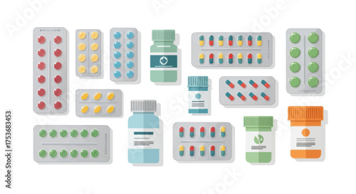 Assortment of Pharmaceutical Blister Packs and Medicine Bottles.