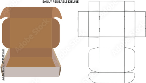 Corrugated mailer box or roll end shipping box dieline template and 3D render file