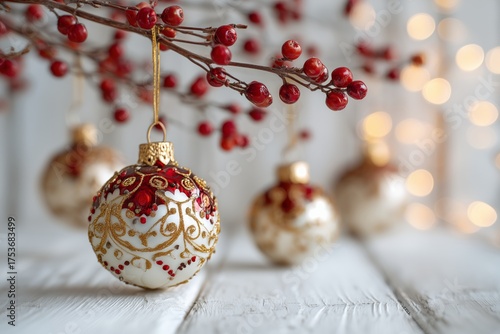 Decorative Holiday Ornaments and a Glowing Tree Create a Festive Atmosphere i...