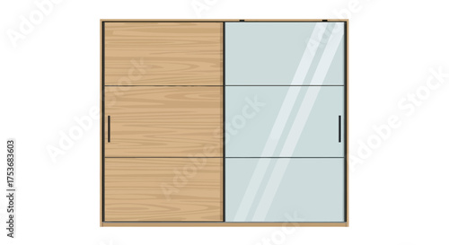 Modern sliding wardrobe with a light wood grain door and a mirrored glass door.