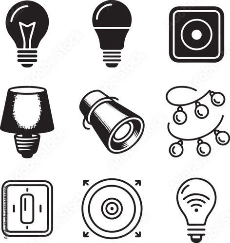 Nine smart home light bulb icons with transparent background technology electricity