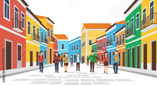 Vibrant City Street Scene with Colorful Buildings and Diverse People Walking.