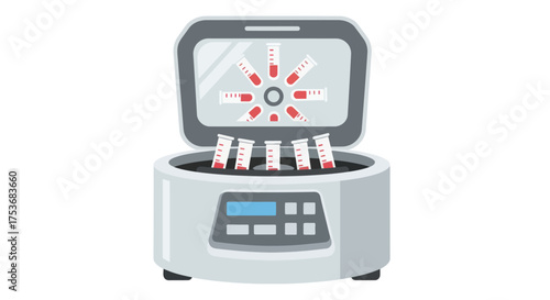 Medical Laboratory Centrifuge with Open Lid and Blood Sample Test Tubes.