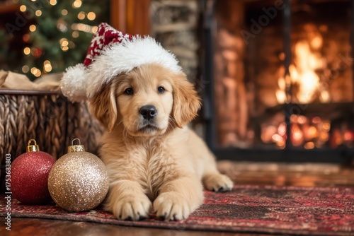 Golden Retriever Puppy Wearing Santa Hat by Christmas Tree and Fireplace Duri...