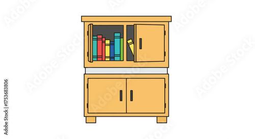 Cartoon Wooden Bookshelf Cabinet with Colorful Books.