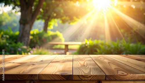 Fototapeta Naklejka Na Ścianę i Meble -  Wooden table foreground with sunlit park background, out of focus