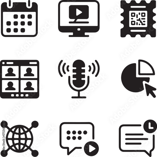 Nine interconnected icons representing online event management tools online event management icons