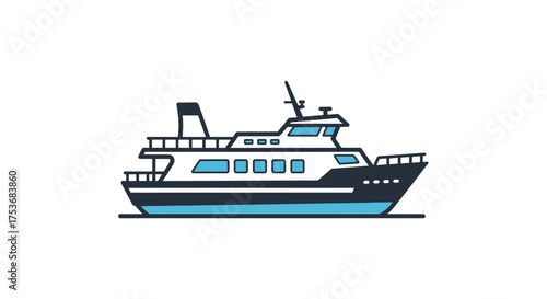 Modern Passenger Ferry Boat Illustration with Blue and White Hull.